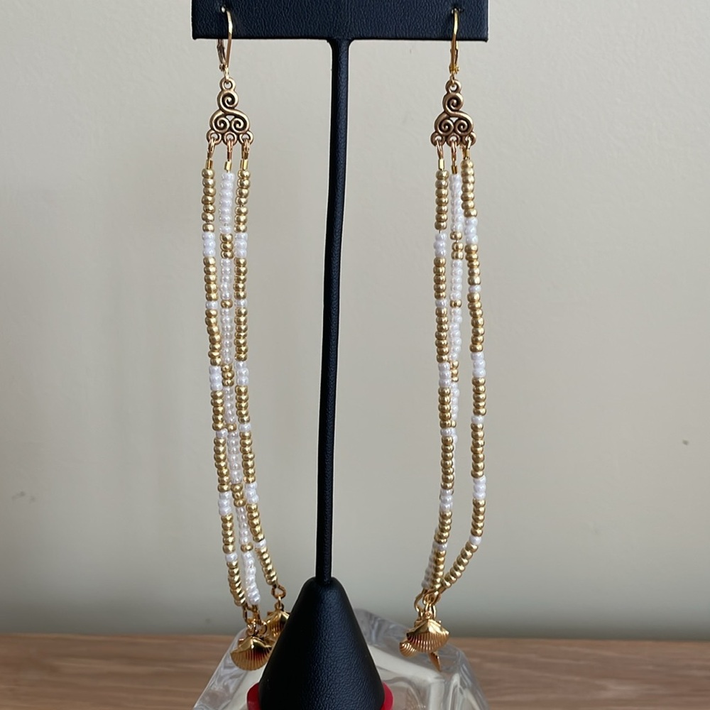 HAND CRAFTED SHOULDER DUSTER EARRINGS Statement Gold Pearl White 6” - Picture 5 of 10